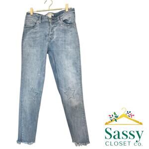 H&M Coachella Star Embroidered Raw Hem Cropped Jeans Button Fly Sz 8 EUC